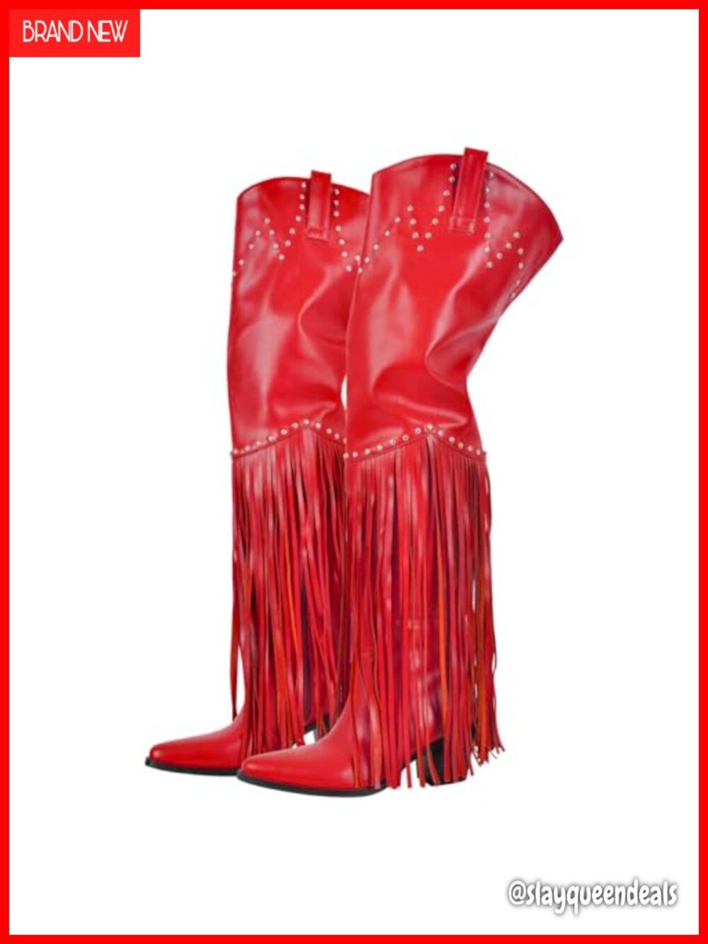 Faux Leather Over the Knee Cowboy Boots Fringe Studded Chunky Heel